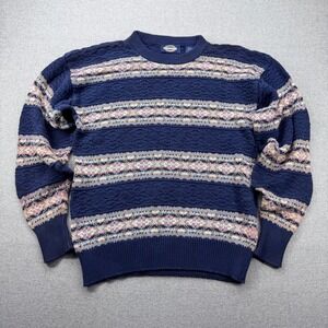 Vintage 80s Towncraft Textured Knit Sweater Mens M Navy Pastel Geometric Striped